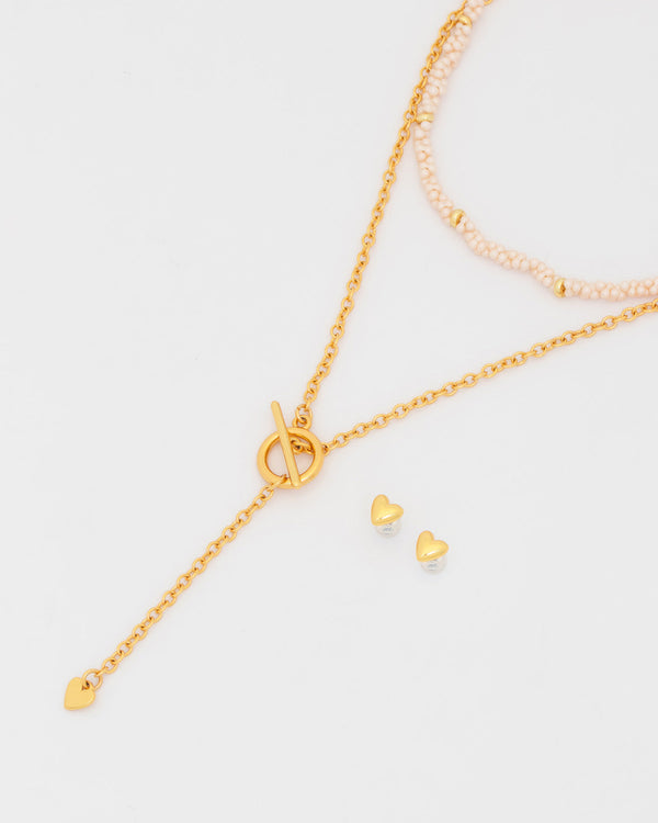 Set X2 Collar Corbatín Corazón Candado + Aretes