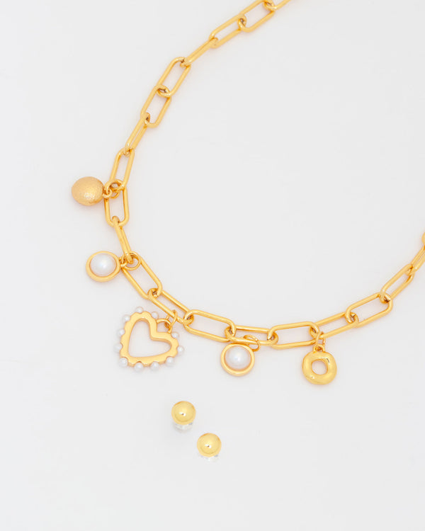 Collar Multicharms Corazón Perla + Aretes
