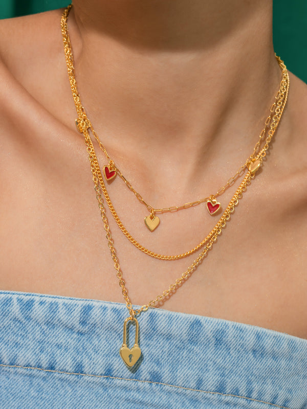 Set X2 Collares Corazón Candado + Aretes